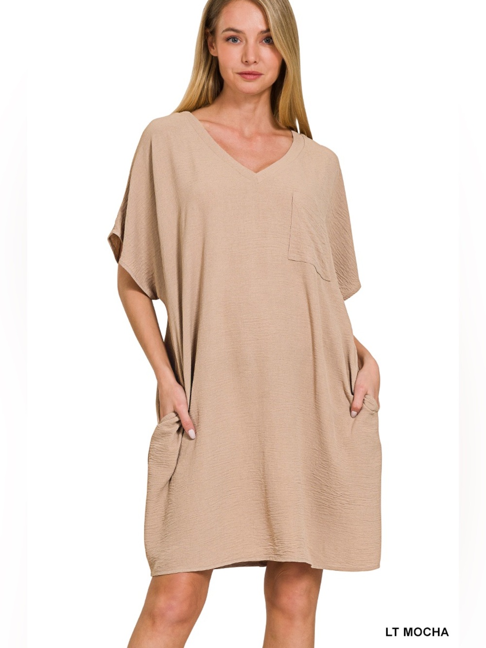 Zenana WOVEN AIRFLOW V NECK T SHIRT DRESS WITH POCKETS - Picture 2 of 3